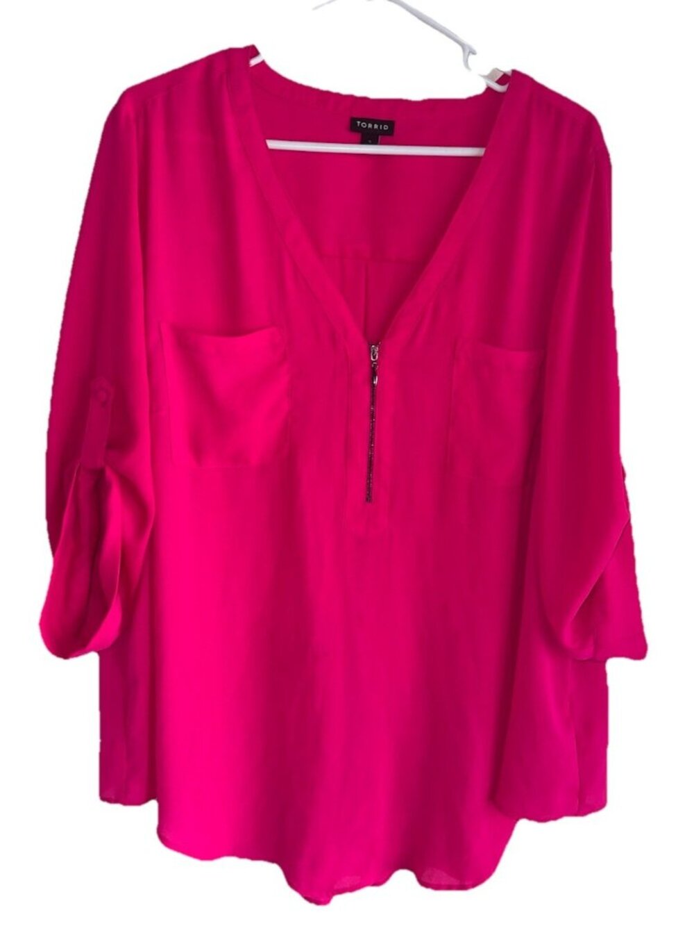 Torrid Womens Harper Georgette Zip Front 3/4 Sleeve Top Plus 2X Bright Pink